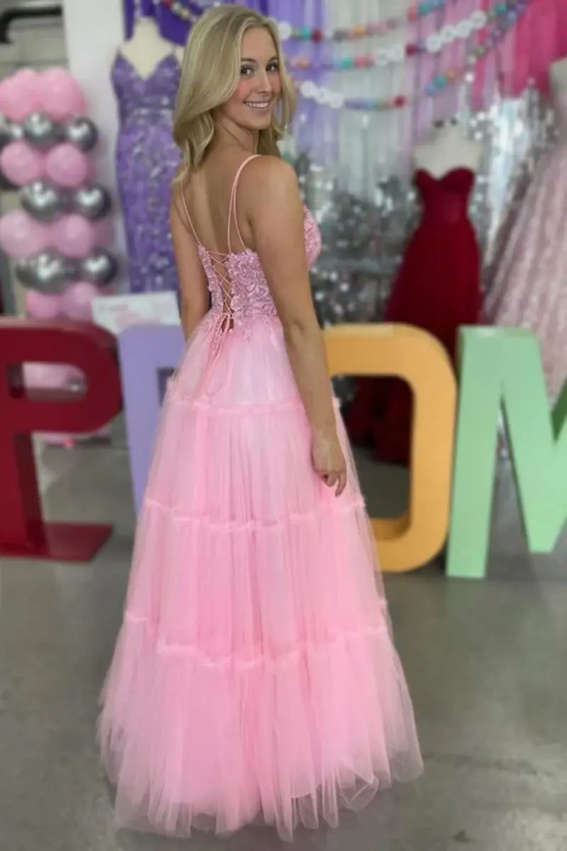 Women'S Sweet V Neck Spaghetti Strap Prom Dresses Long With Applique Sleeveless Tulle Formal Evening Dress Party Cocktail Gown