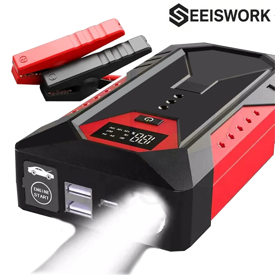 SEEISWORK Pompa d'aria Batteria per auto Booster di emergenza 18000mAh Avviatore di emergenza per auto Accumulatori e caricabatterie di riserva Dispositivo di avviamento portatile Avviamento per auto
