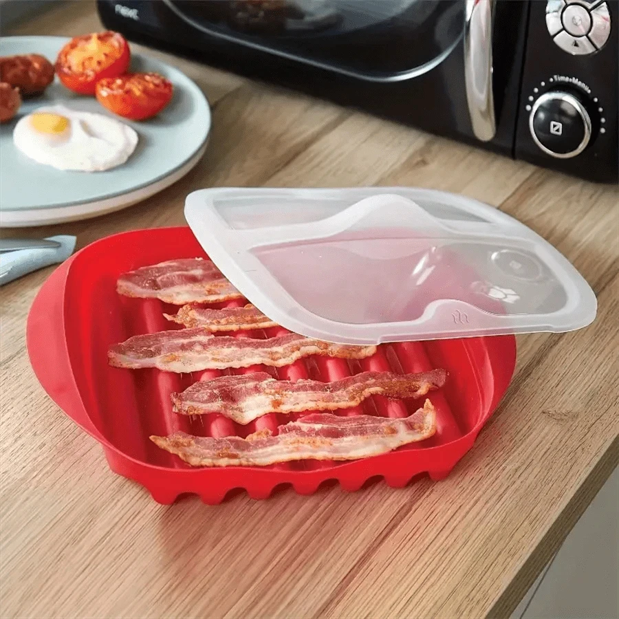 Microwave Bacon Maker Cooker Tray with Splatter Lid BPA-Free Microwave Bacon Grill Pizza Tray Efficient Food Prep Kitchen Tools