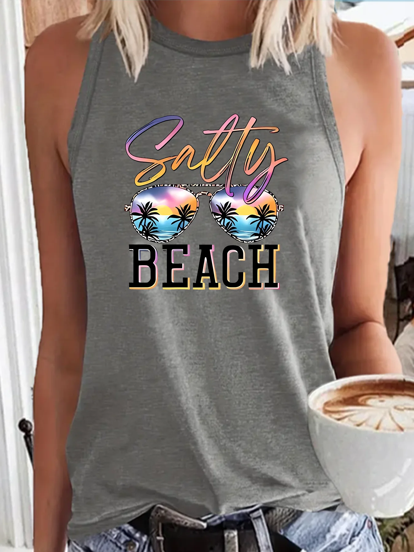 Satly Beach  Sunglasses Coconut Tree Fashion Funny Sports Women's Tank Top Loose O Neck Sleeveless Casual Tank