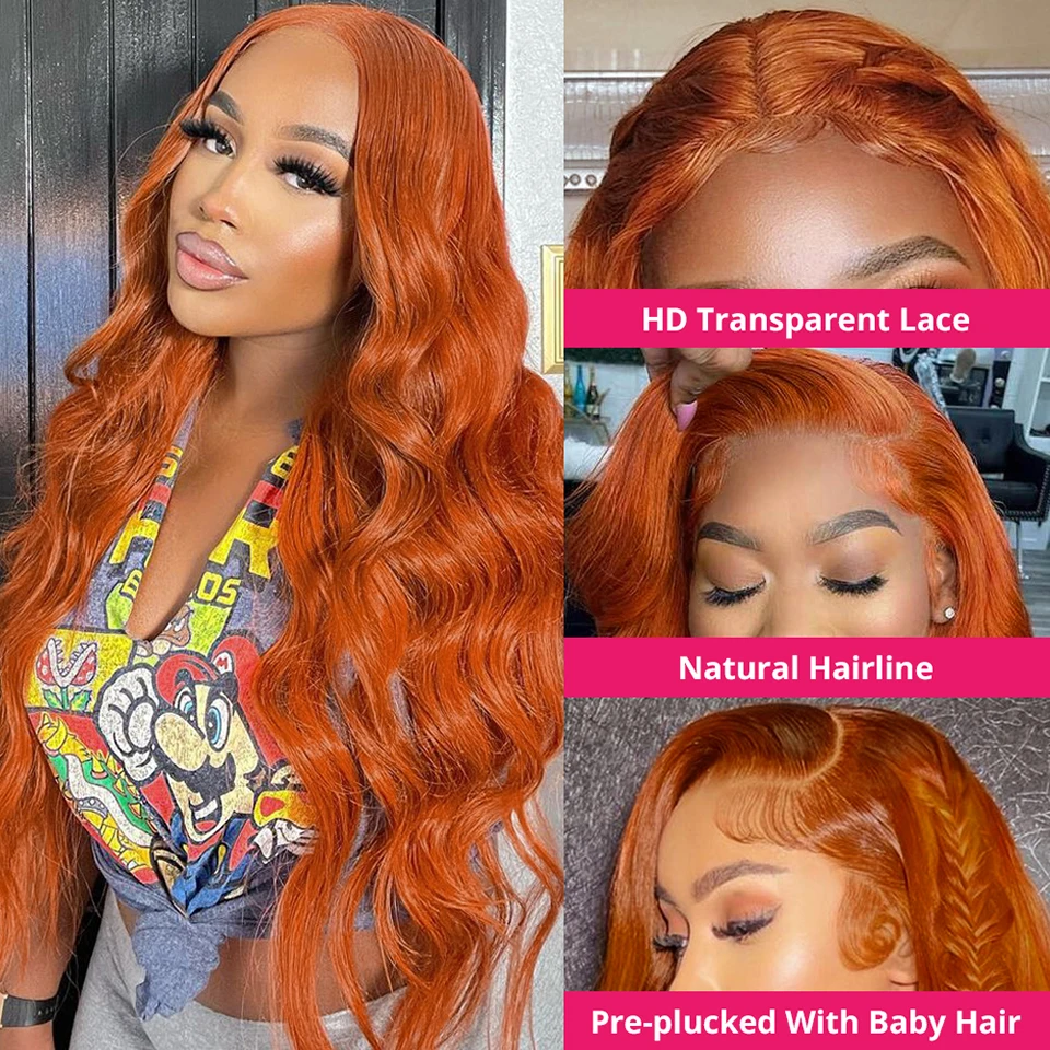 200% High Density Ginger Orange Body Wave Lace Frontal Wig HD 13x4 Lace Front Wigs Brazilian 13x6 Lace Human Hair Wig For Women