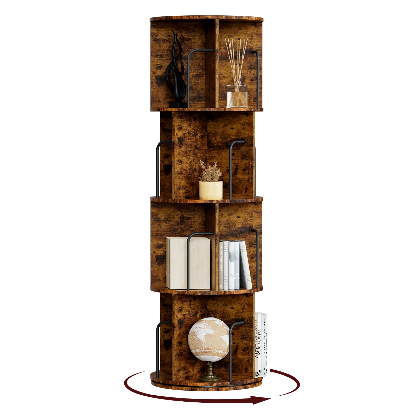 Oak & Tea Drehbares Bücherregal, 4-stöckig & platzsparend – 360° Holzregal für Wohnzimmer & Büro