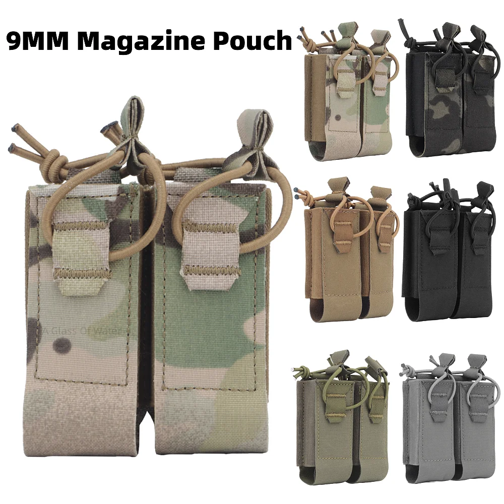 Tactical 9mm DPMP Double Magazine Pouch Molle Universal Elastic Pistol Mag Holster Flashlight Knife Holder Hunting Accessories