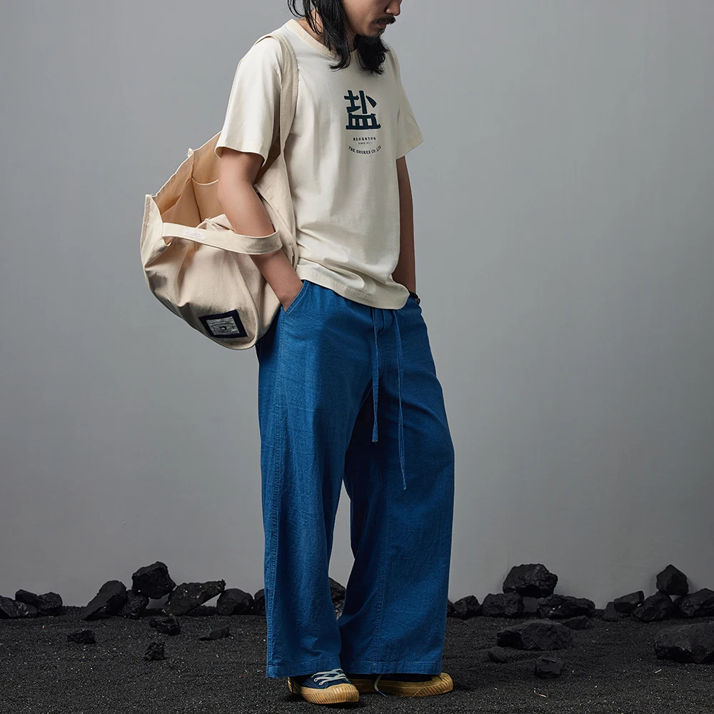 Vintage Indigo casual Pants Men's Loose Wide-Leg Pants Pure Cotton Lace-up Tapered Pants Four Seasons Blue Pants