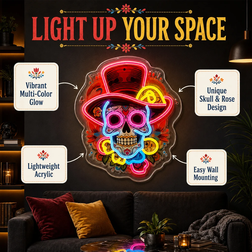 Colorful Skull Neon Sign USB Powered Dimmable LED Wall Decor for Bedroom Game Room Man Cave Bar Lounge Studio Cafe Party Gothic Aesthetic Home Decoration Unique Gift