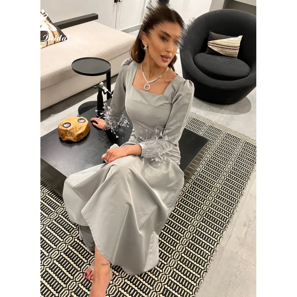 Silver Color Evening Satin Dresses Square Collar Long Sleeves A Line Elegant Prom Dress Women Formal Party Gowns 2024 fiesta