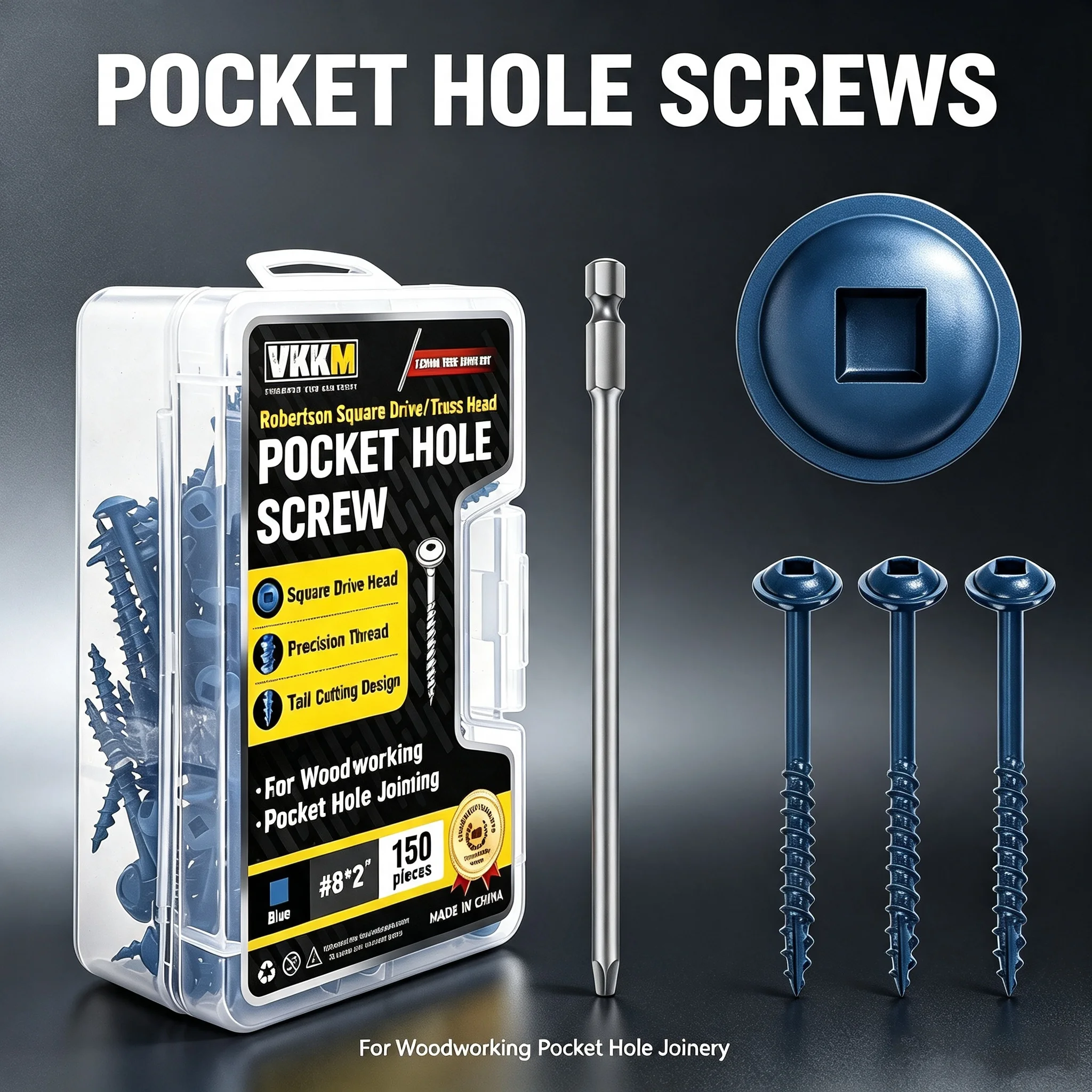 VKKM Pocket Hole Screws #8 X 2 Inch, Robertson Square Drive Truss Head Blue Wood Self Tapping Screws, 150 PCS Anti-Corrosion Fasteners with 120mm Square Drive Bit for Cabinet Shelf DIY Woodworking Pocket Hole Joinery