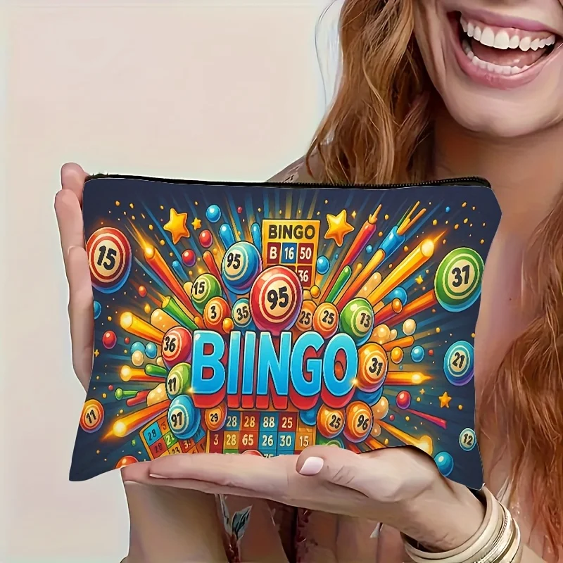 1Pc Bingo Game Retro Design Multifunctional Travel Makeup Bag, Snack Storage Bag, Stationery Storage Bag, Fashionable Toiletry Bag, Canvas Double-Sided Printed Zipper Pouch