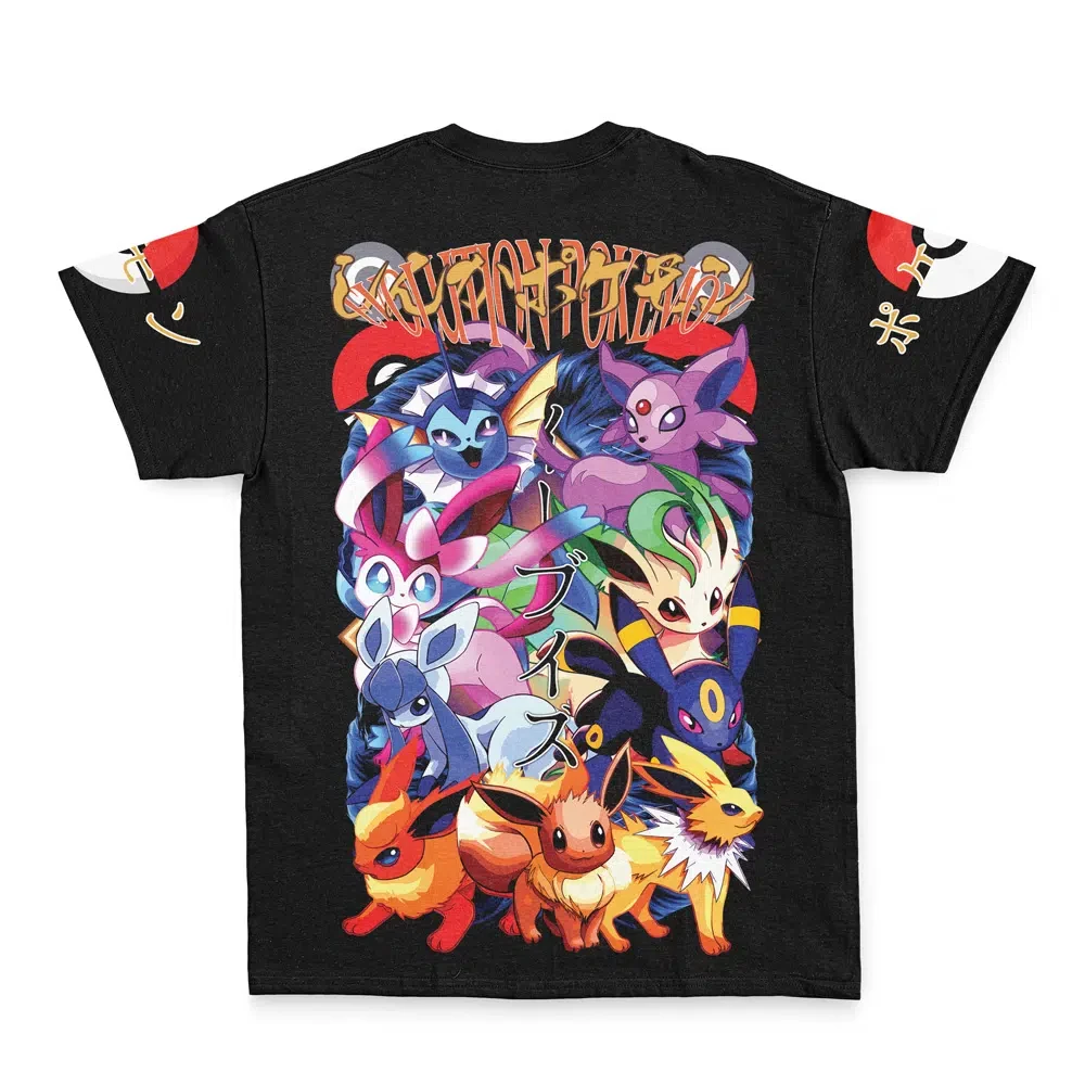 Men's Pokemon Eeveelutions Double Sided T-Shirt, Black All Eevee Evolutions Anime Graphic Cotton Short Sleeve Tee