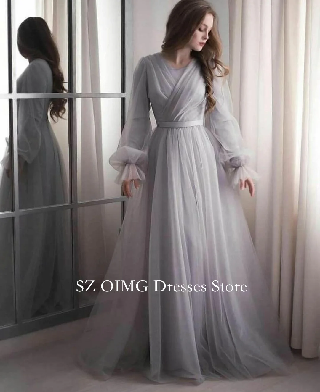 

OIMG Dubai Mordern A-Line Prom Dresses Puff Sleeves Gray Tulle Evening Dress Women Evening Gowns Formal Slit Party Dress