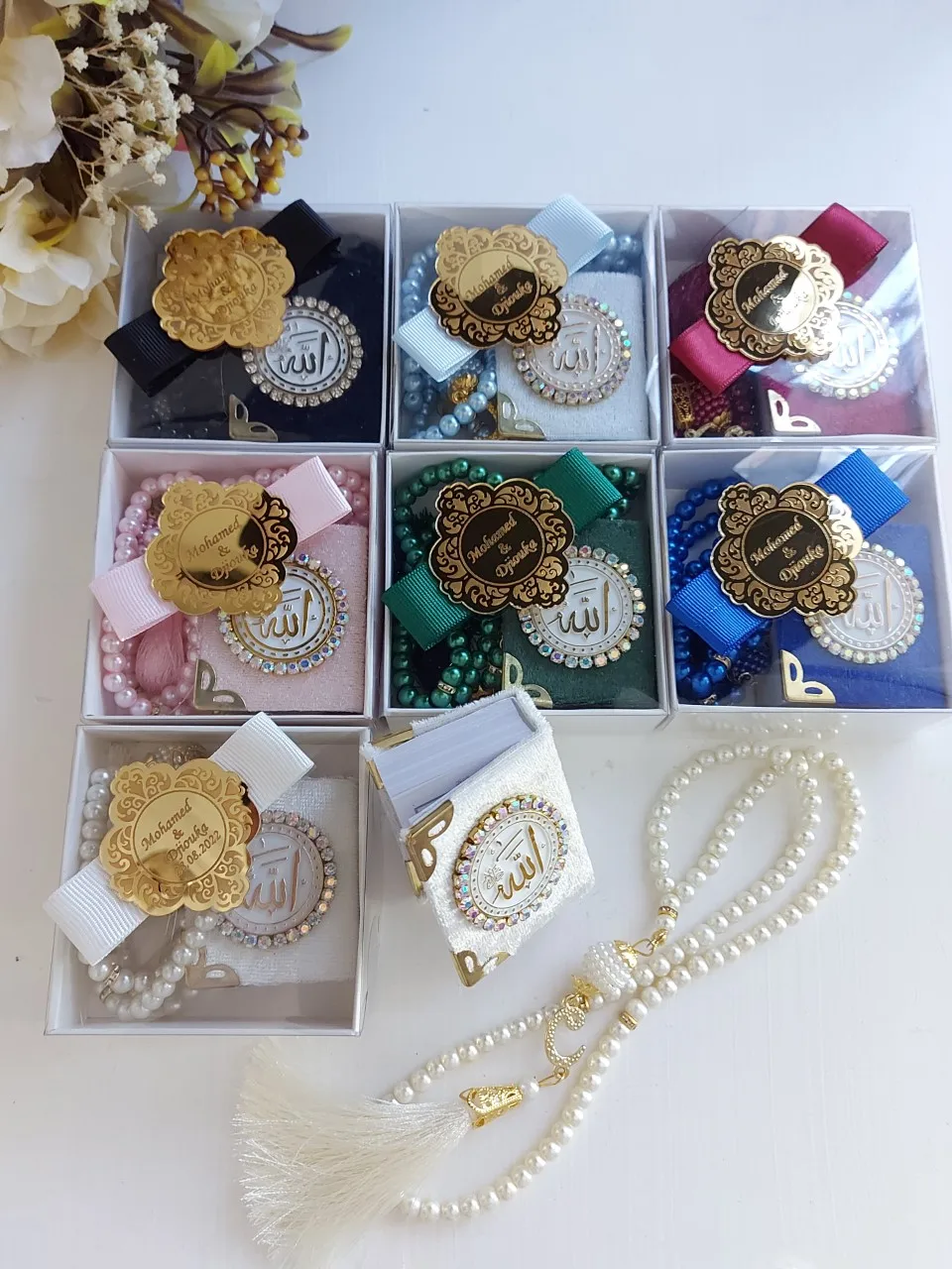 

Ramadan gifts, (50pcs) islamic Gift,Hajj Gift, Embellished Mini Quran and Pearl Rosary,Umrah Favors,Muslim Party Favors