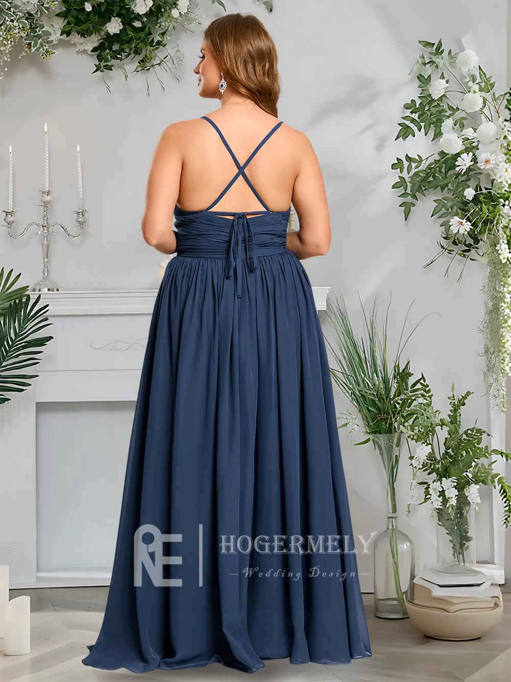 ​ ​ Vestidos de dama de honor de gasa hasta el suelo, elegantes, azul marino, corte en A, cuello en V, con bolsillos, tirantes finos para invitados de fiesta de boda