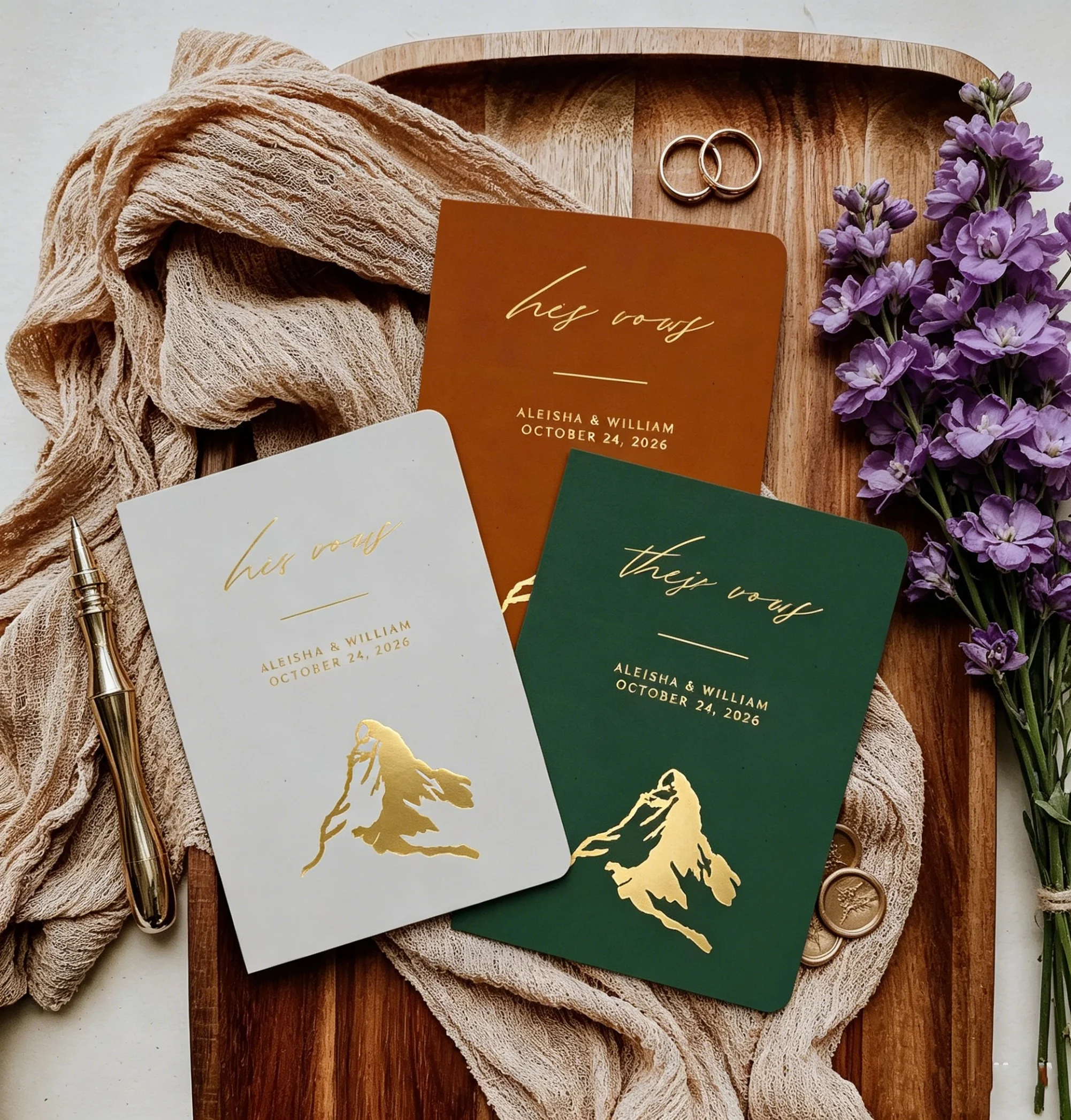 マッターホルン山の結婚誓約書、新郎新婦のためのパーソナライズされたギフト、金箔、彼と彼女の小冊子