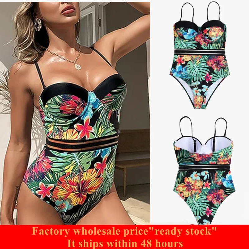 

2025Womens Retro One Piece Swimsuit Push Up Bra Tummy Control Slimming Bathing Suit Swimwear Leaves Print Monokini