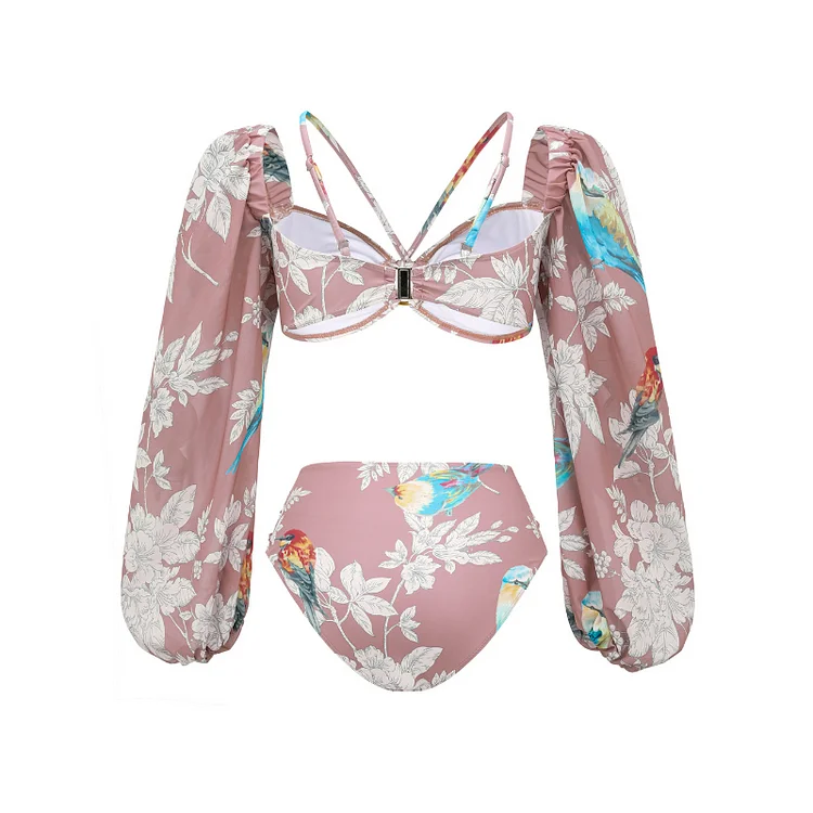 2024 New Long Sleeve Birds Printed Bikini Swimsuit Summer Swimwear Women Beachwear Bathing Suit