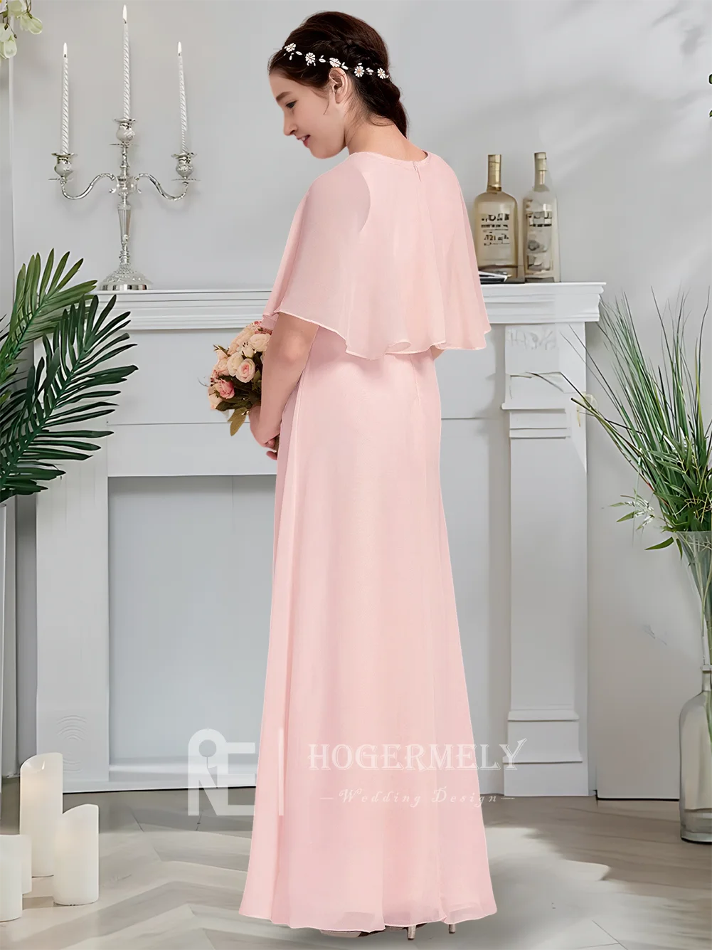 Luxuoso decote colher júnior vestido de dama de honra blush vestido da menina de flor até o chão chiffon festa de casamento vestido de soiree