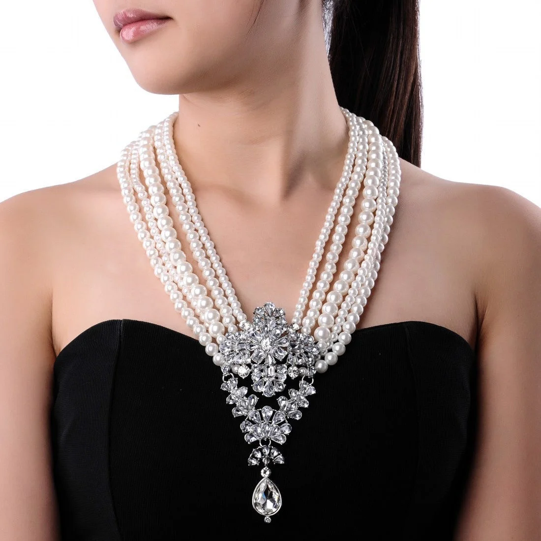 Women Chunky Crystal Rhinestone Bib Pendant Chandelier Imitation Pearl Beaded Layered Statement Wedding Necklace Jewelry Bridal