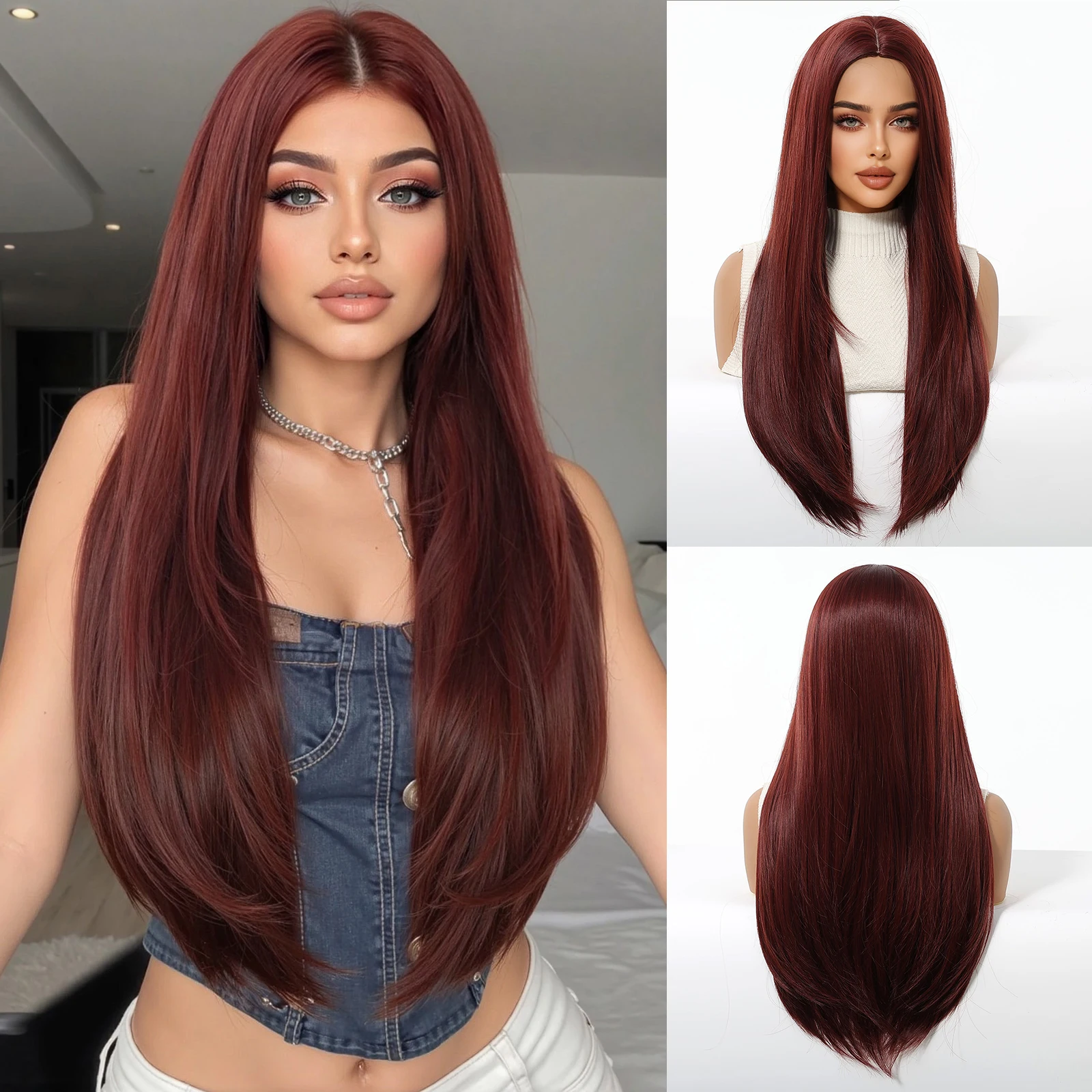 LOUIS FERRE Red Long Straight Wigs For Women Halloween Cosplay Party Natural Looking Wigs Heat Resistant Synthetic Hair Wigs