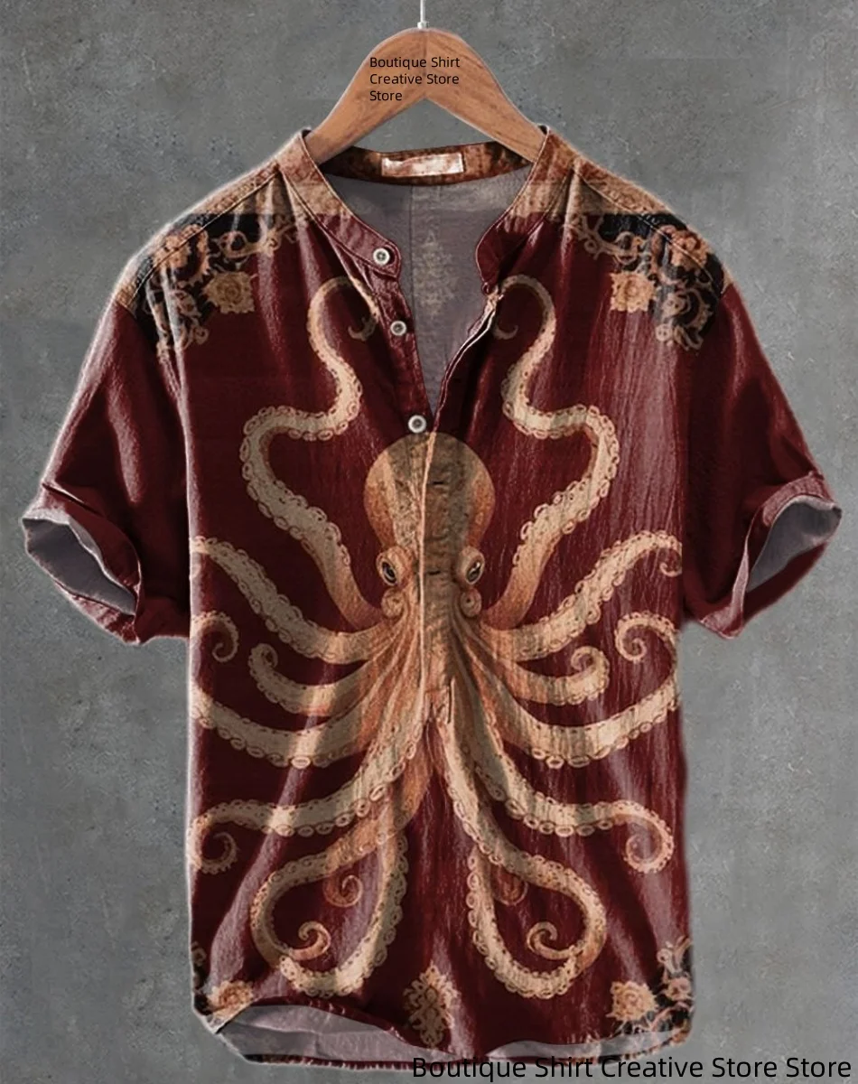 

New linen 3D printed pullover shirt, street fashion casual shirt, 3D printed octopus pattern series pullover European and Americ