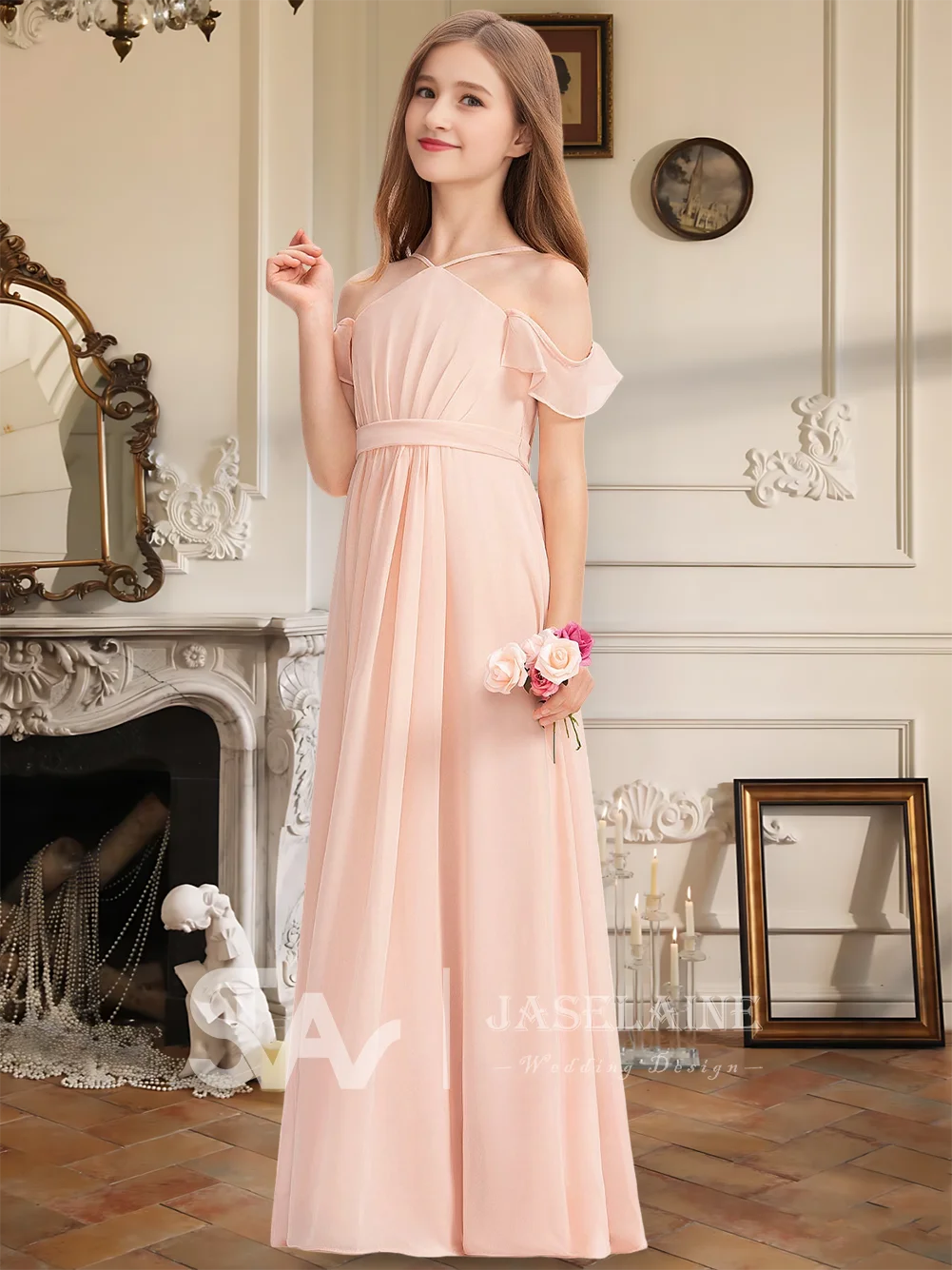 A Kids Junior Bridesmaid Dress Flower Girl Dress Chiffon Floor Length Halter A Line With Bow Spaghetti Straps Girls Party Dress