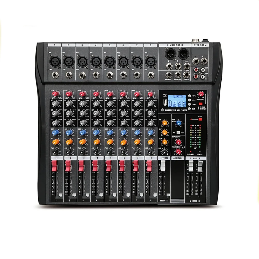 8-Channel Professional Mixer with 99 Dsp Effects, Bluetooth, Usb, Mp3, 48V Phantom Power, for Live Streaming, Stage Recording, and Mixing