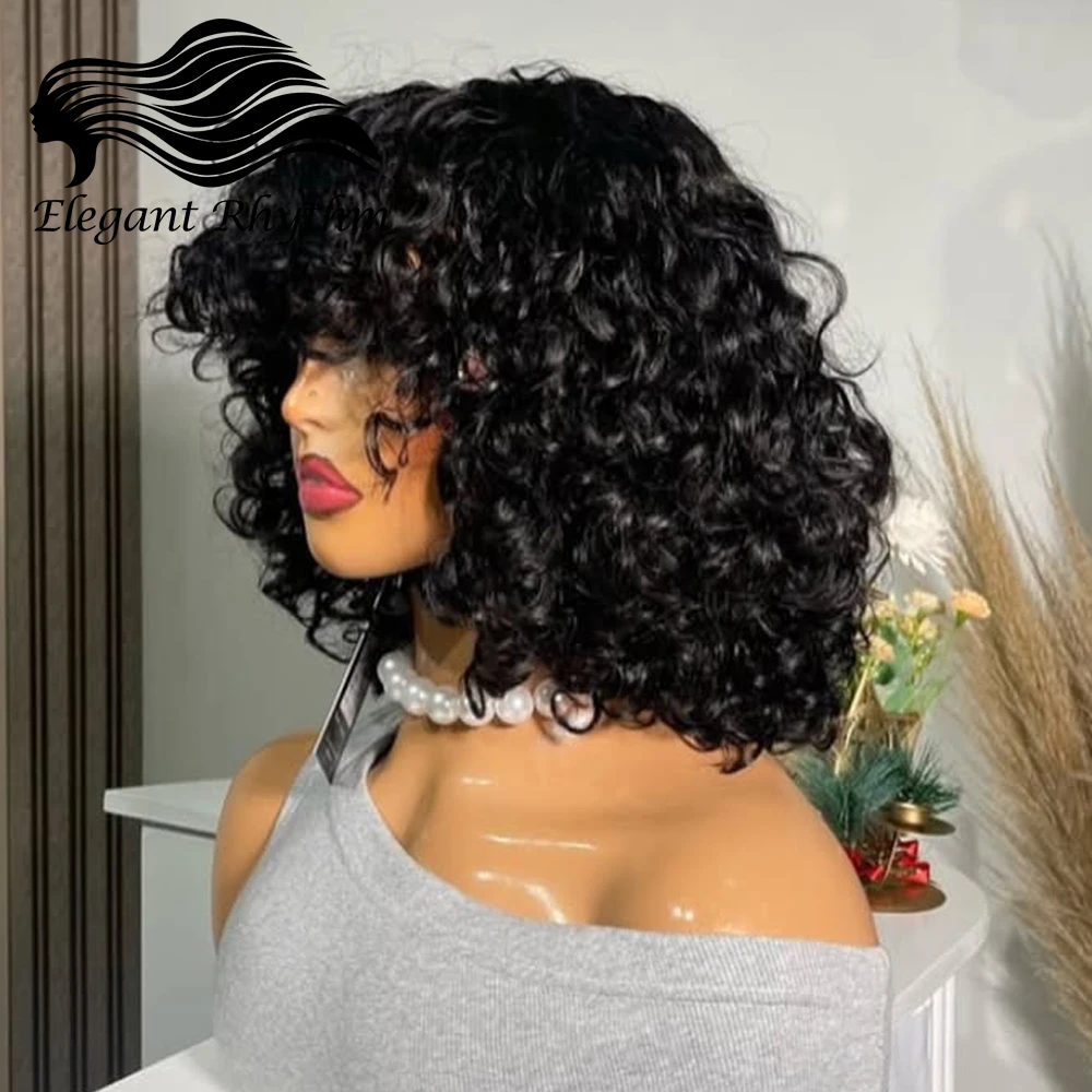 

Water Wave Human Hair Wigs With Bangs Glueless Fringe Wigs Full Machine Made 180% Density Kinky Curly Bob Wig with Bangs