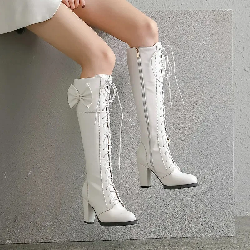 Bottes hautes au genou Lolita pour filles, chaussures d'hiver Ă talons Ă©pais pour femmes, nĆud Ă lacets, uniforme JK japonais, cosplay, chaussure de fĂȘte de princesse, mode fĂ©minine