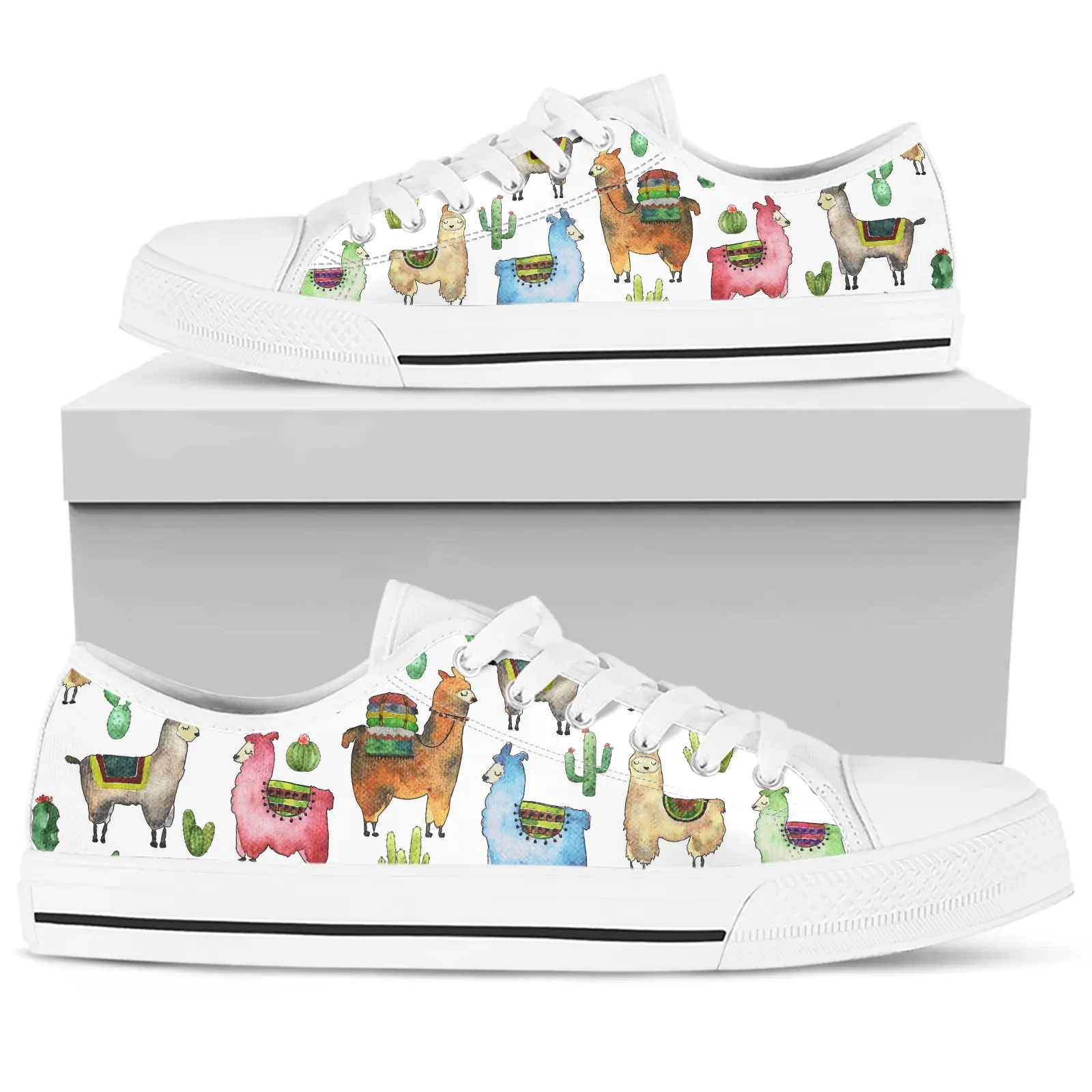 White Alpaca Printed Shoes Cute Cartoon Alpaca Design Cactus Printed Sneakers Outdoor Travel Non-slip Durable Round Toe Footwear