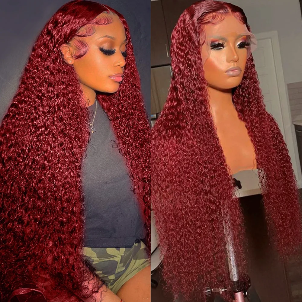 

200% Density 99J Burgundy Curly 13x4 Hd Lace Frontal Wig Human Hair 30 40 Inch 13x6 Water Deep Wave Red Colored Wig For Women
