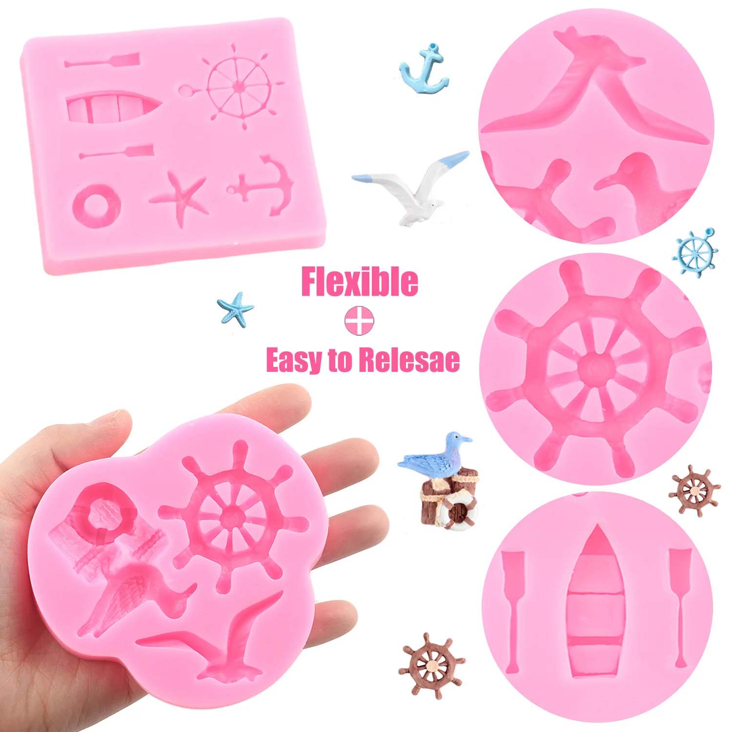 Rudder Anchor Sailing Boat Silicone Mold Hook Lifebuoy Fondant Molds Cake Decorating Tools Seagull Chocolate Candy Clay Moulds