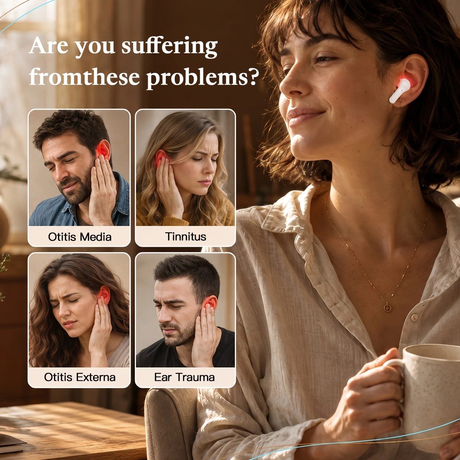 Cordless 650nm Ear Light Device for Tinnitus Otitis Media Deafness Wireless Ear Nasal Irradiation Device Smart Display Charging Case 3 Power Levels 5mW 8mW 10mW 10/20/30 Minute Timer Settings Rechargeable Earbuds for Home Personal Wellness Routine