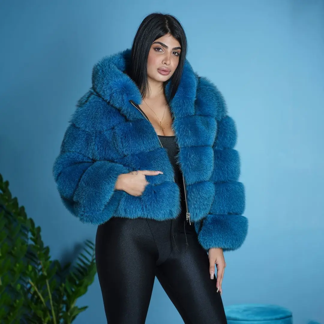 Woman Winter Fashion Royal Blue Natural Fox Fur Jacket with Hood High Street Women Genuine Fox Fur Coat Short Outwear Luxury