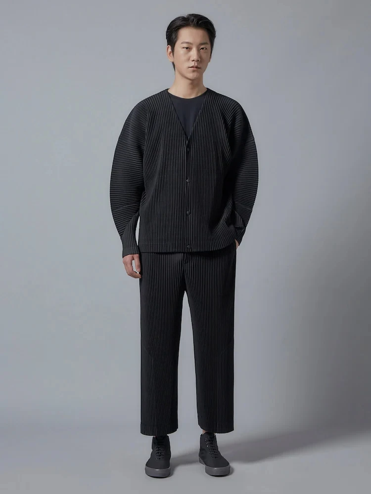 Miyake Pleated V-Neck Cardigan Men Long Sleeve Button Front Loose Casual Outerwear with Side Pockets Japanese Minimalist Plisse