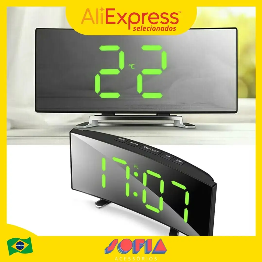 Digital Table Clock LED Alarm Clock Temperature Date Mirror Curved Modern Portable Elegant Compact Design