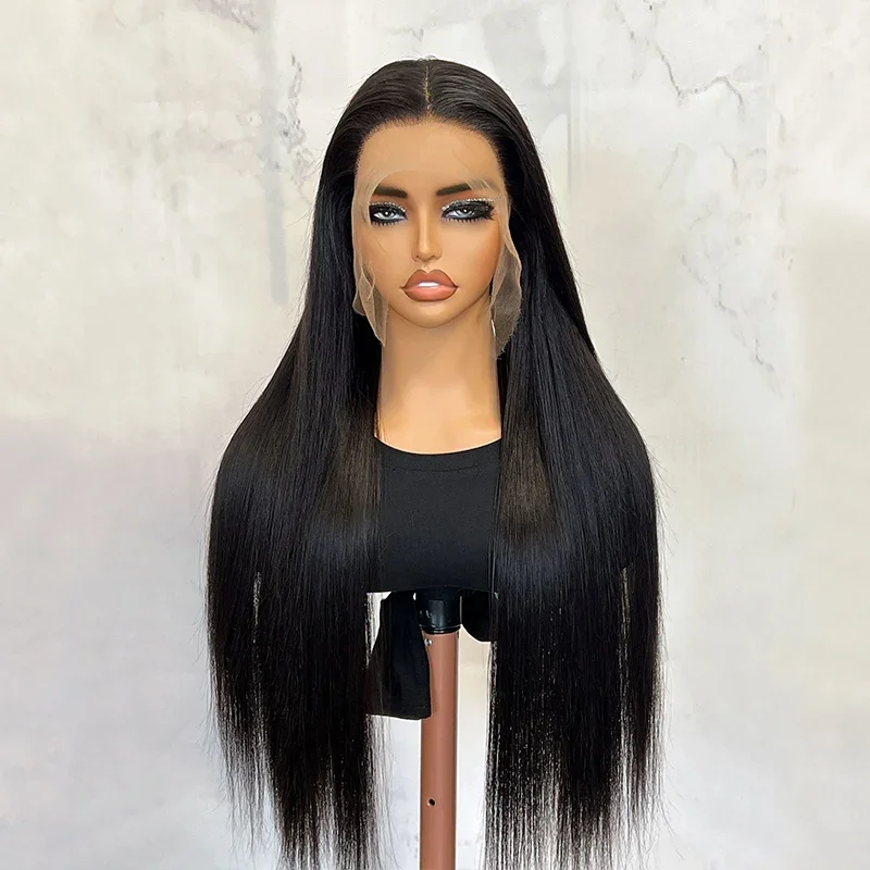 Parrucca lunga 42 pollici, 13x6, con capelli umani lisci, rete trasparente HD, pre-pizzicata, colore nero naturale, parrucche con rete frontale 13x6 e 13x4 per donne, parrucca con rete frontale