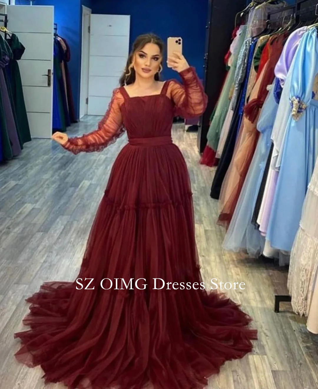 

OIMG Dubai Mordern A-Line Prom Dresses Pleated Sleeves Burgundy Tulle Evening Dress Women Evening Gowns Formal Slit Party Dress