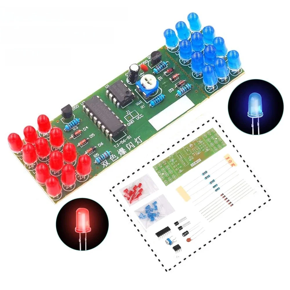 NE555 CD4017 IC LED zestawy świateł elektronicznych czerwony niebieski dwukolorowy zestaw do samodzielnego montażu stroboskop elektroniczny garnitur migające światła komponenty DIY — zdjęcie 2