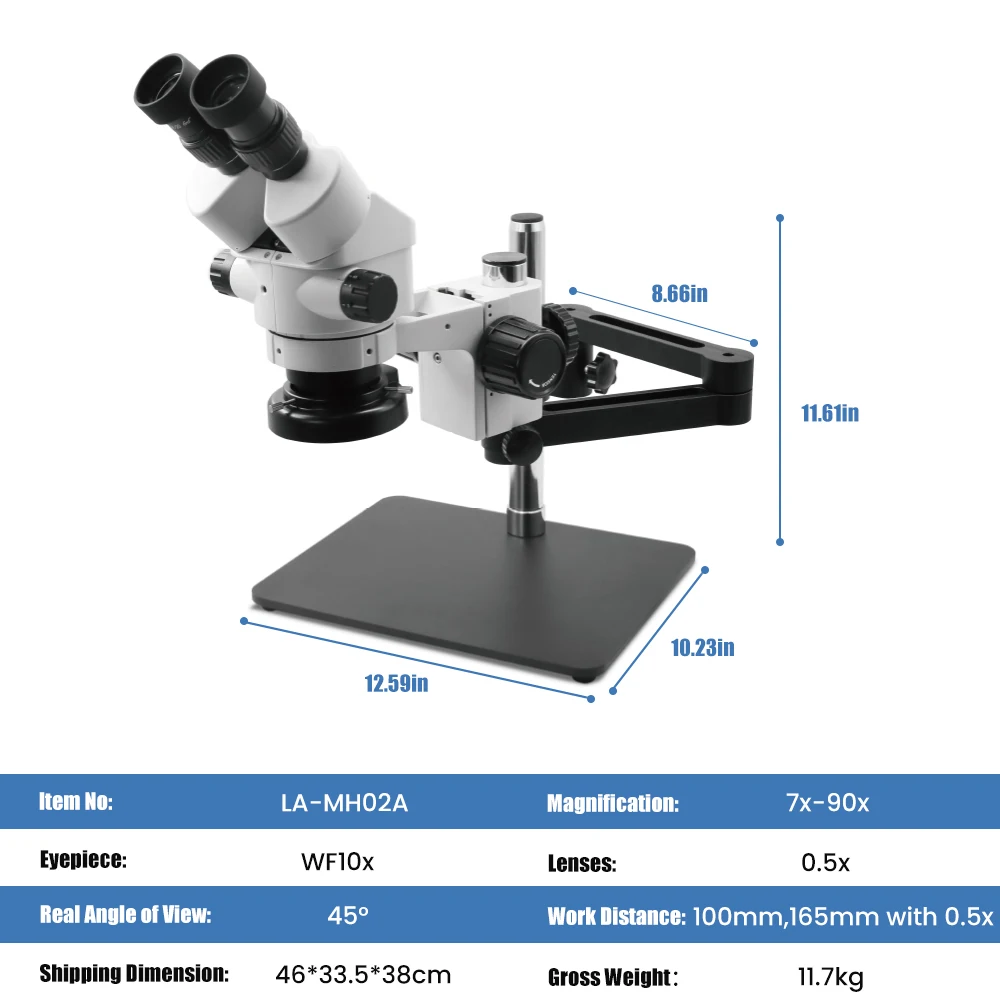 Binocular Stereo Microscope, 7X-45X Magnification, LED Light, Articulating Arm Stand with Base Plate LA-MH02A