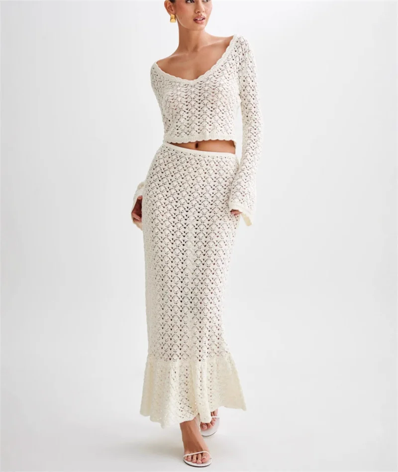 2 pezzi abito in maglia con balza da spiaggia top corto sexy a maniche lunghe e gonna a vita alta avvolgente da salone copricostume bikini all'uncinetto cavo da donna