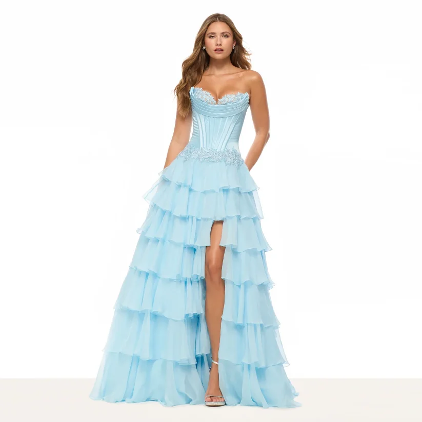 Abiti da sera blu cielo Abiti lunghi da ballo arabi divisi senza maniche Applique Chic Abito da festa da donna Tulle a strati A Line Realizzato su misura