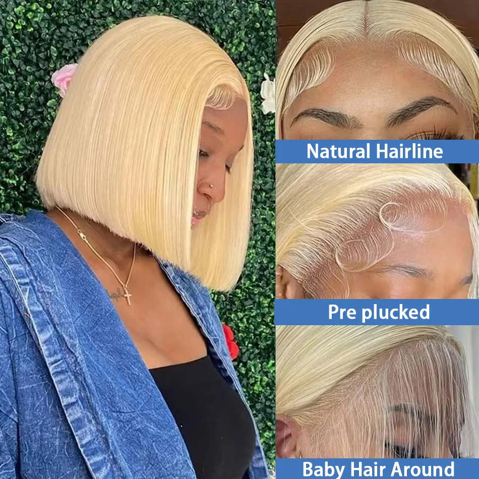 Perruque Bob Lace Front Wig Remy Brésilienne Naturelle, Cheveux Lisses, Blond 613, 13x4