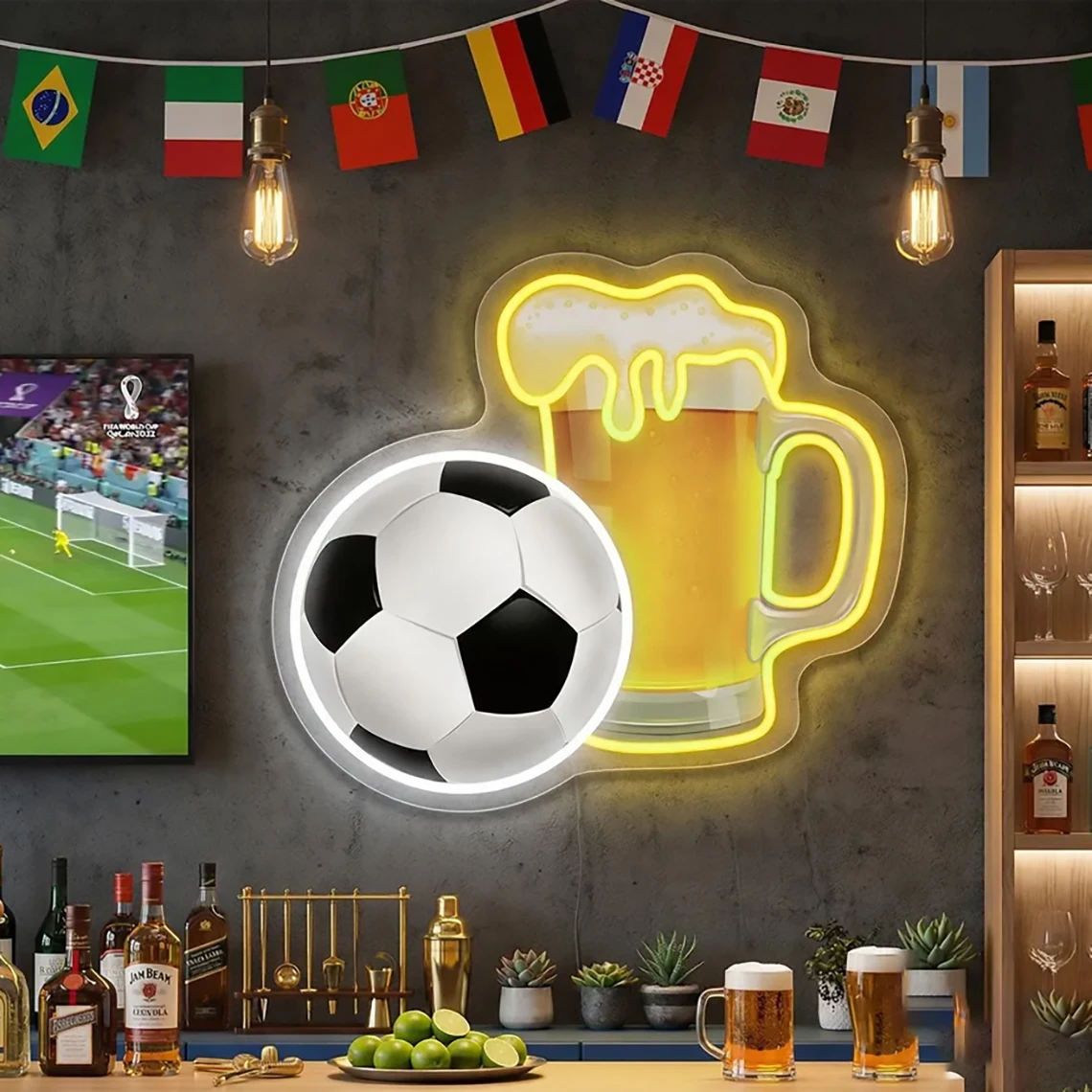 Soccer Beer Neon Sign UV Printed Sports Bar Neon Football Club Beer Bar Home Bar Wall Decor Gifts For Men