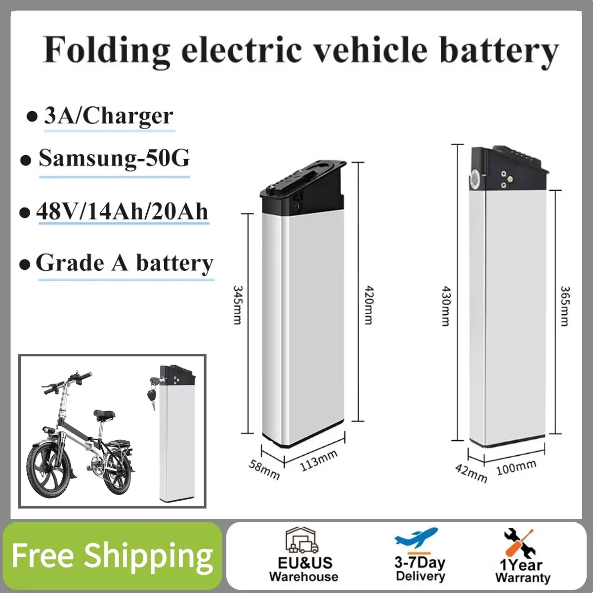 Batteria per bici elettrica 48V 20Ah 14Ah, BMS 30A, celle 21700 50G, batteria sostitutiva per bici elettrica pieghevole 500W 750W 1000W, con caricabatterie, magazzino UE