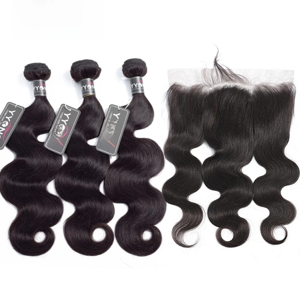 Yyong Hd Transparant Kant Frontale Met Bundels, remy Peruaanse Body Wave 24Inch 13X4 Kant Frontale Sluiting Met Menselijk Haar Bundels - afbeelding 2