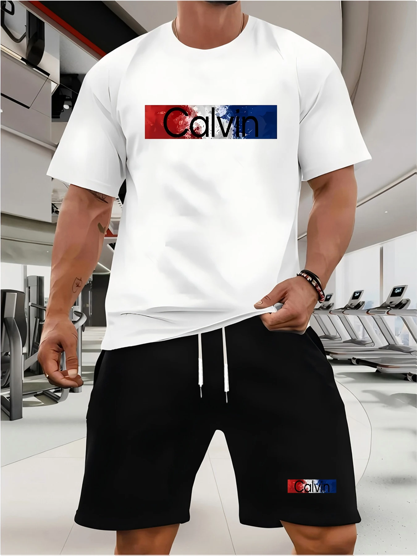 

Men's round neck T-shirt+home casual shorts, made of slightly stretchy fabric, printed with the letter "Calvin", comfortable dai