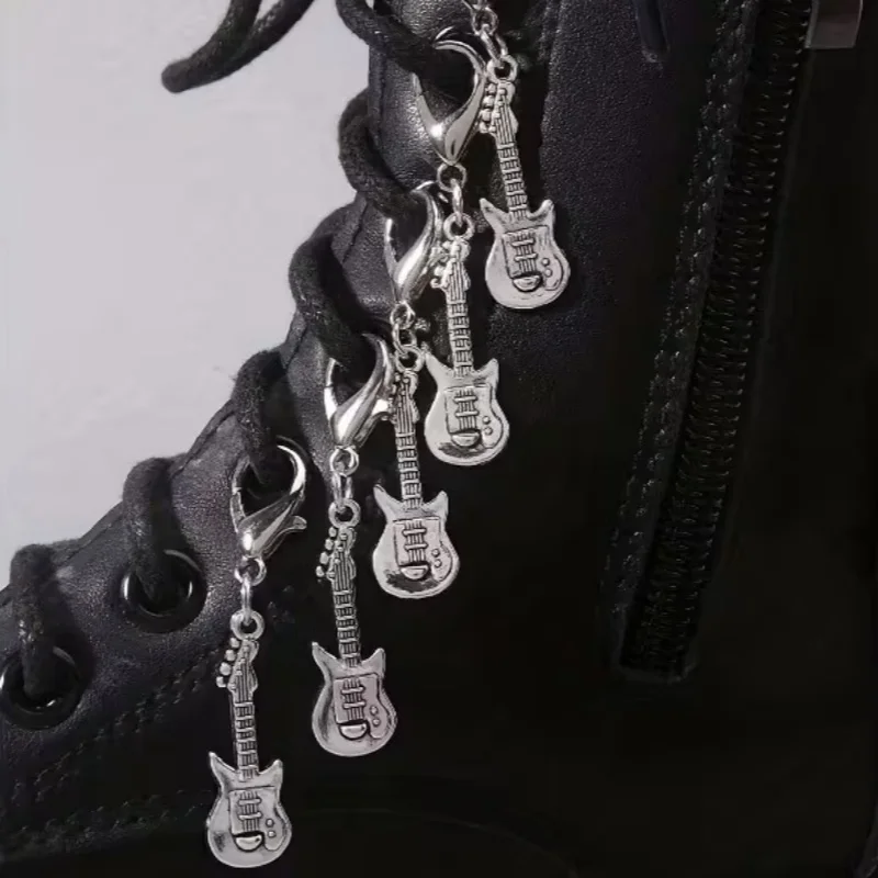 Set of 5 silver guitar-shaped shoe charms in a Gothic-punk style—versatile, everyday accessories suitable for both men and women