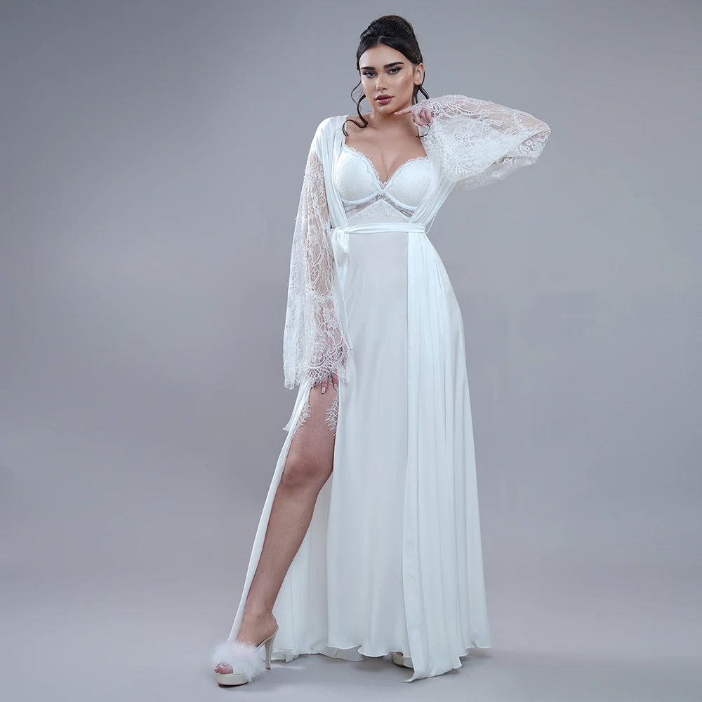 Personalizado de duas peças cintas de espaguete cetim macio noiva robe para casamento sexy rendas vestido de chá de panela feminino noite gwons 2024