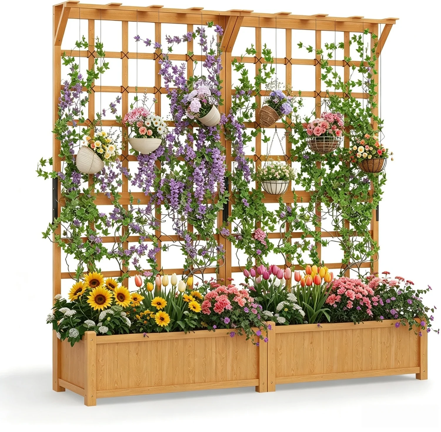72 Inch Raised Garden Bed With Trellis Wood Planter Container With Hanging Roof And Garden Boxes For Climbing Plants Flowers Vine 2 Piece image 8