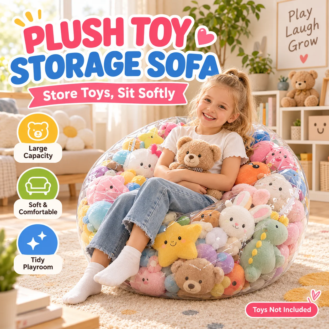 Stuffed Animal Storage Bean Bag Cover Transparent PVC Large Capacity Zipper Toy Organizer, Kids Bedroom Playroom, 4 Styles Sofa