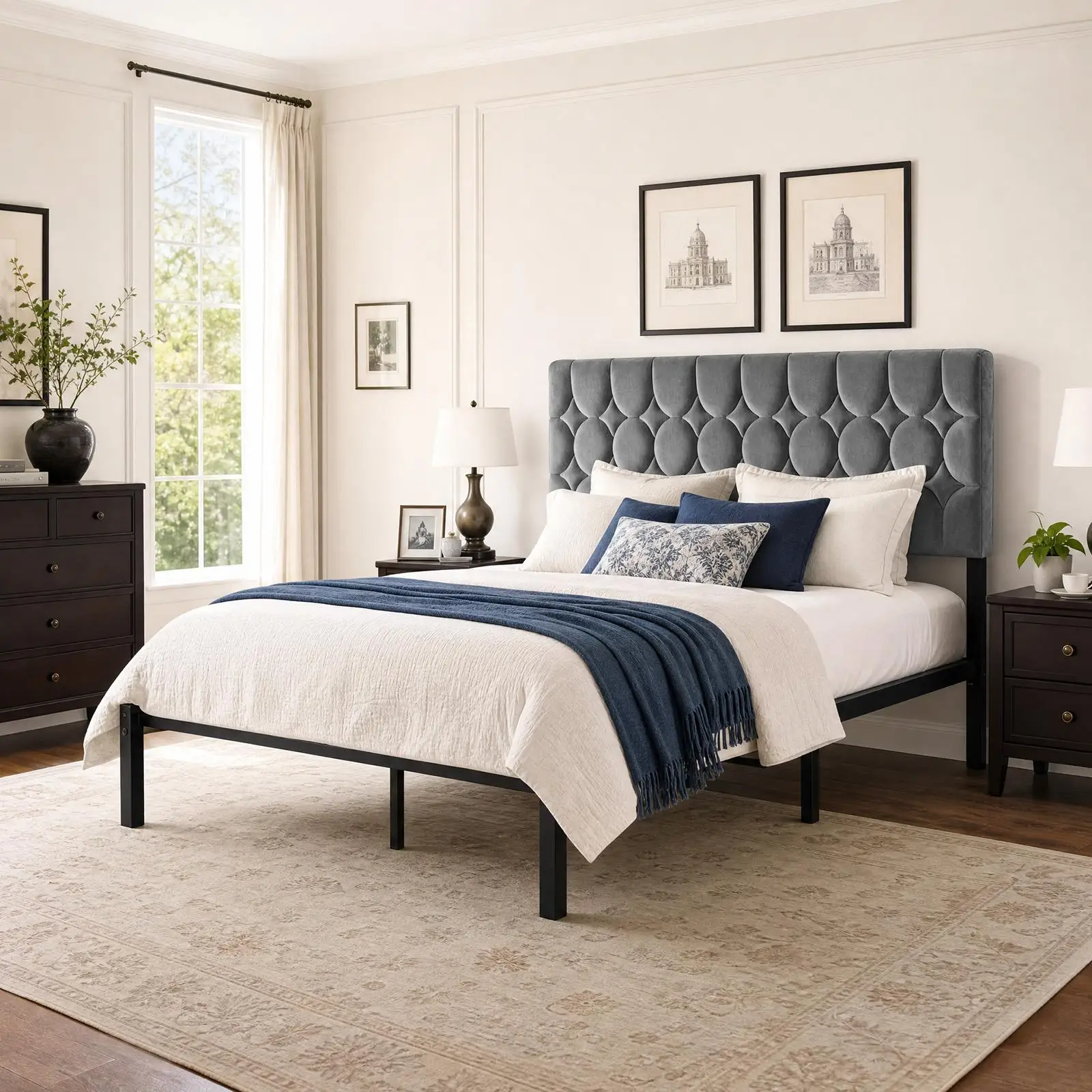 Bet 140x200 cm großes Doppelbett mit Lattenrost, verstellbarem Polsterkopfteil und Metallbettgestell, 12 stabile Metalllatten, Samtgrau